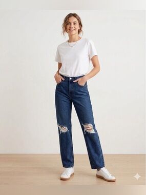 The drop Luca dark indigo Classic High-Rise Distressed Straight Jeans
